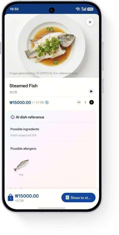 A smartphone UI showing the AI Menu Translation feature with an AI-generated dish image, translated text, and pricing details