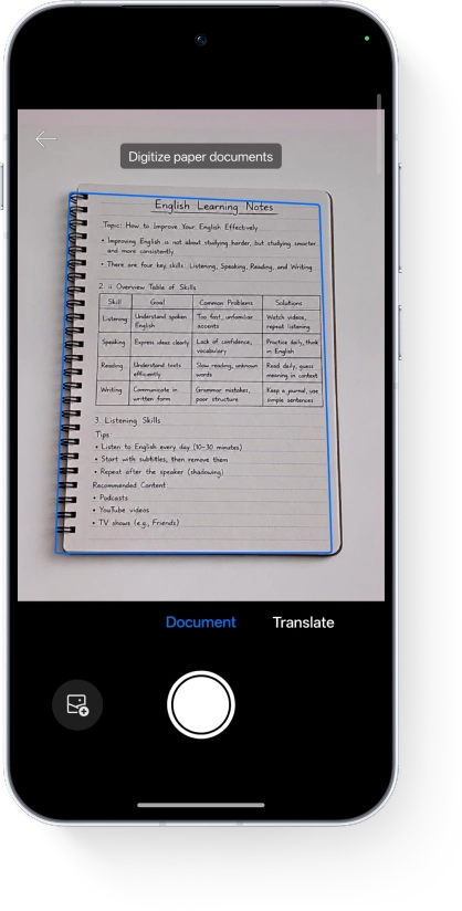 A UI demonstrating AI document scanning, with a blue box automatically aligning to a notebook page containing a table