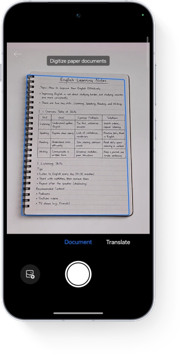 A UI demonstrating AI document scanning, with a blue box automatically aligning to a notebook page containing a table