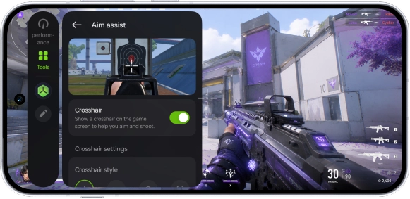 A smartphone screenshot showing an active white crosshair overlay generated by the Game Master Toolkit in an FPS game