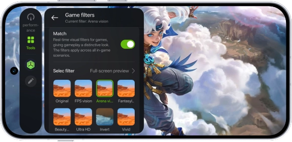 A smartphone screenshot showing the Game Filters menu, with the "Arena vision" filter selected to enhance in-game visuals.