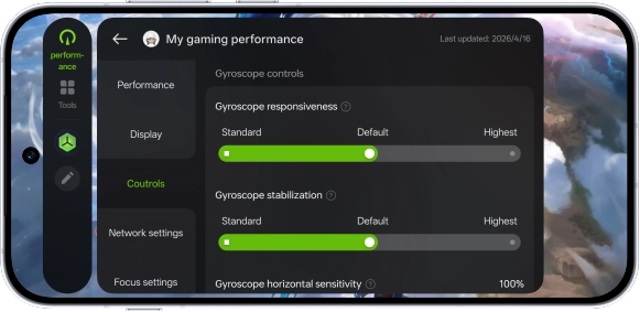 A screenshot showing the detailed slider settings for Gyroscope controls, including responsiveness and stabilization