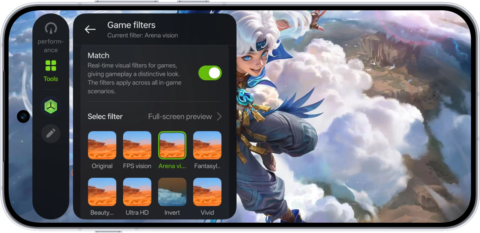 A smartphone screenshot showing the Game Filters menu, with the "Arena vision" filter selected to enhance in-game visuals.