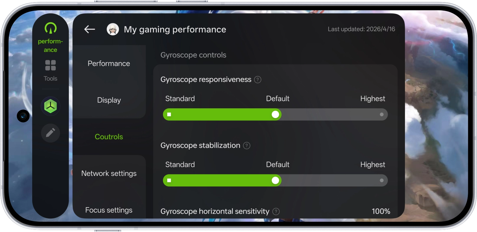 A screenshot showing the detailed slider settings for Gyroscope controls, including responsiveness and stabilization
