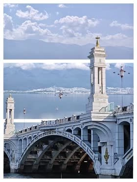 A landscape photo showing the Popout 2.0 effect, where a tall white bridge pillar breaks out of horizontal white borders