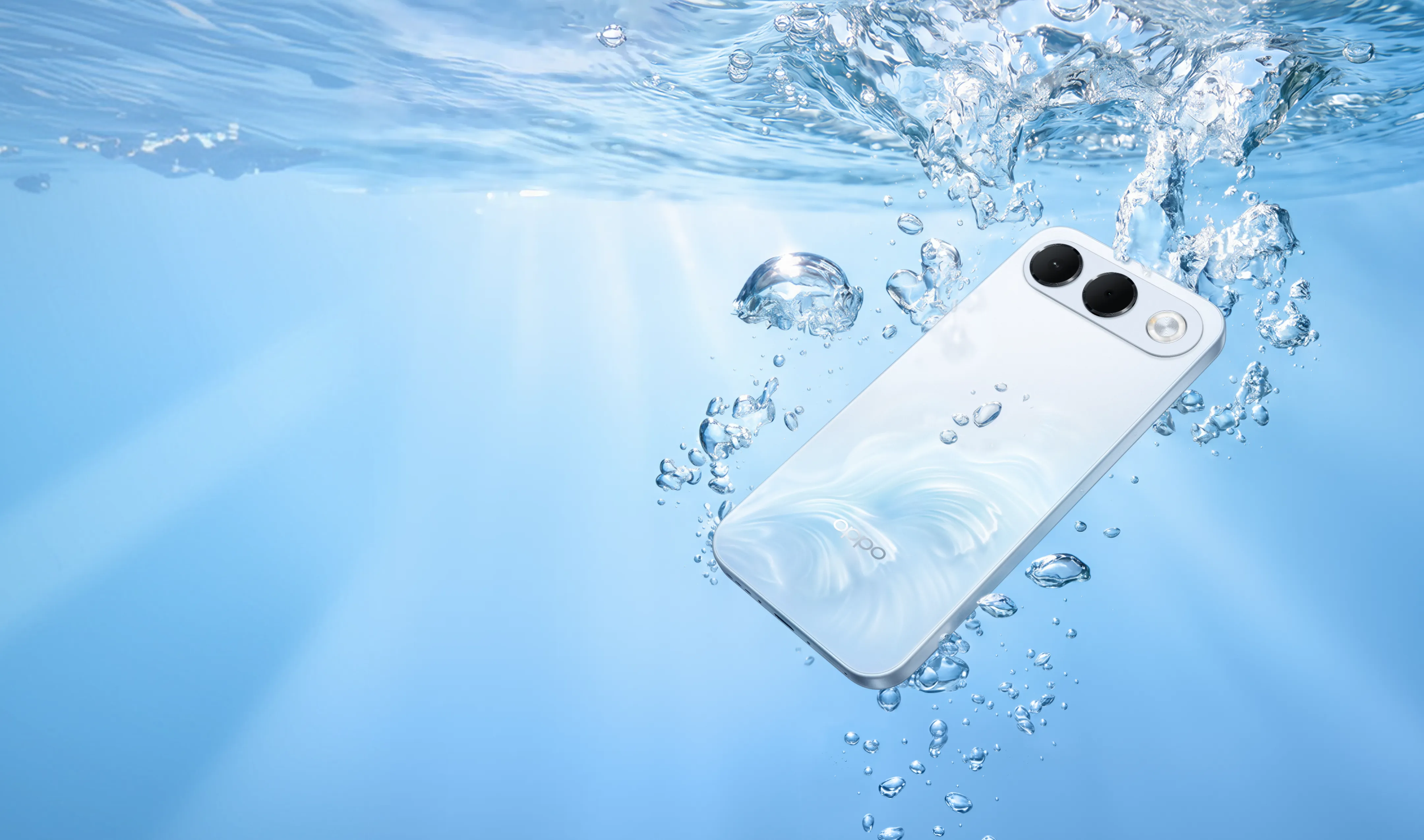 OPPO A7 Pro 5G in a water-splash promotional image