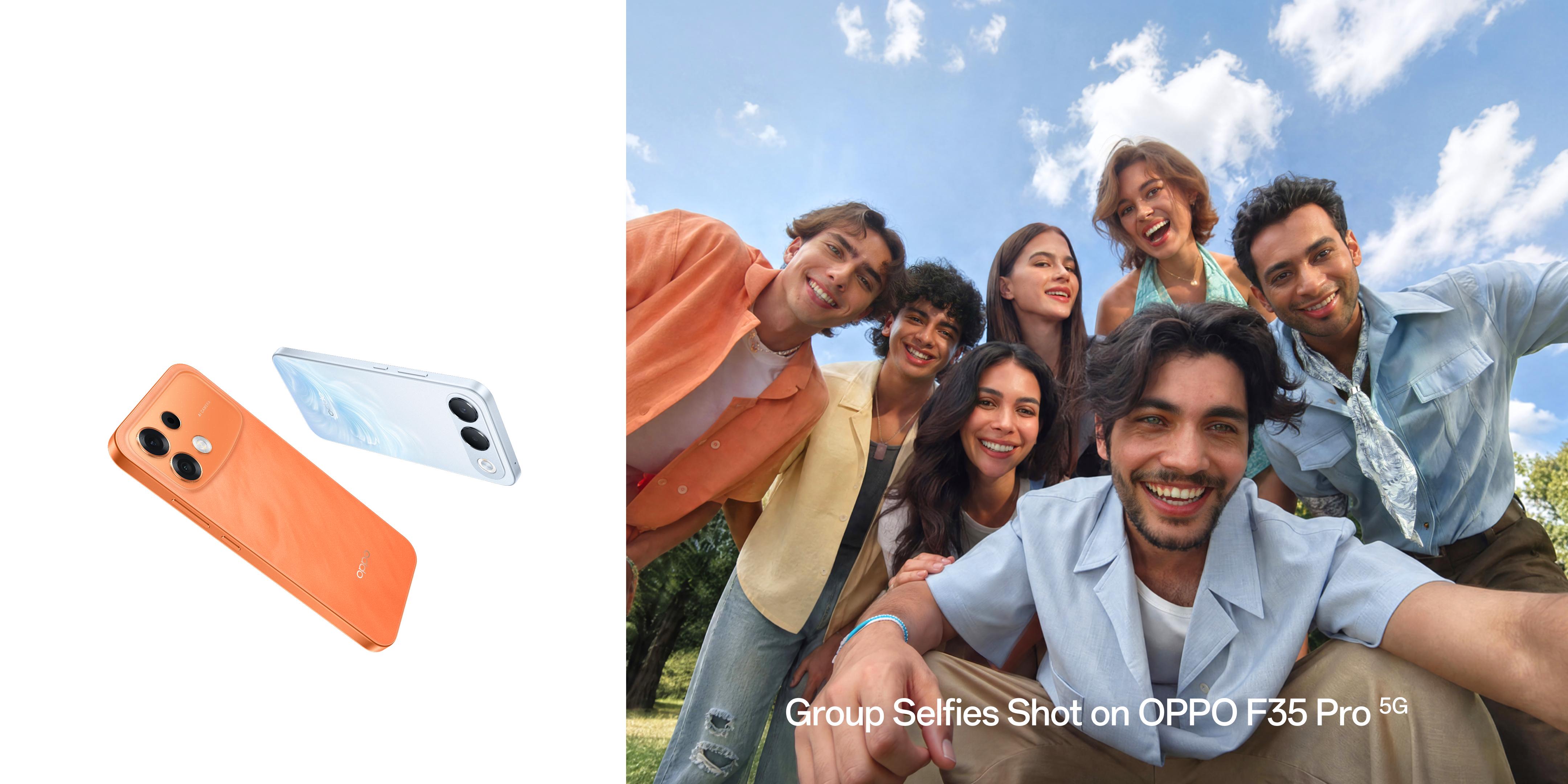 OPPO F35 Pro 5G phones in Sunrise Orange and Wave Blue next to a group selfie photographed on the phone